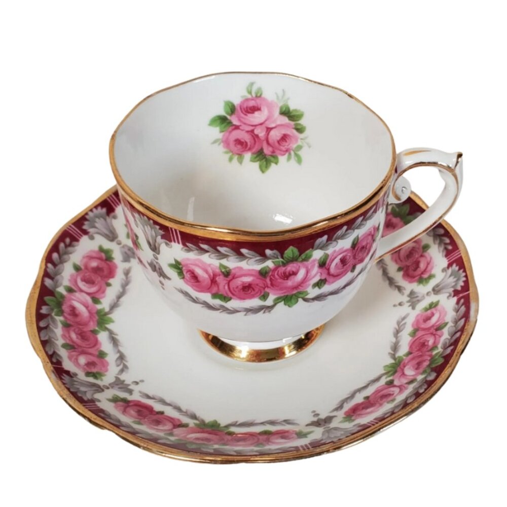 Rosyln Buckingham English Tea Cup & Saucer, Pink Roses, Bone China 1950s,